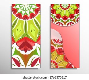 Vector Mandala Pattern. Two Template For Flyer Or Invitation Card Design. For Banners, Greeting Cards, Gifts Tags. with red blue yellow green and many colors