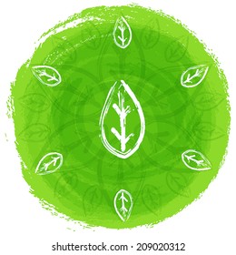 Vector mandala. Round ethnic pattern. Green background with leaves. 
