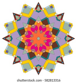 Vector Mandala, round geometric ornament, stylized floral pattern. Isolated design element colorful on a white background. Abstract colored circular art motif, line pattern