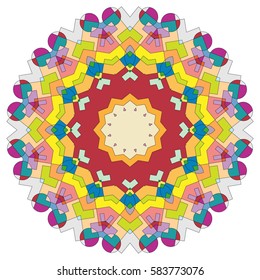 Vector Mandala, round geometric ornament, stylized floral pattern. Isolated design element colorful on a white background. Abstract colored circular art motif, line pattern