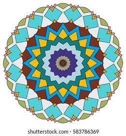 Vector Mandala, round geometric ornament, stylized floral pattern. Isolated design element colorful on a white background. Abstract colored circular art motif, line pattern