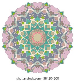 Vector Mandala, round geometric ornament, stylized floral pattern. Isolated design element colorful on a white background. Abstract colored circular art motif, line pattern
