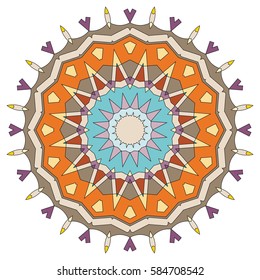 Vector Mandala, round geometric ornament, stylized floral pattern. Isolated design element colorful on a white background. Abstract colored circular art motif, line pattern
