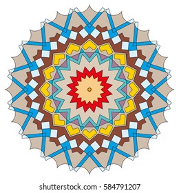 Vector Mandala, round geometric ornament, stylized floral pattern. Isolated design element colorful on a white background. Abstract colored circular art motif, line pattern