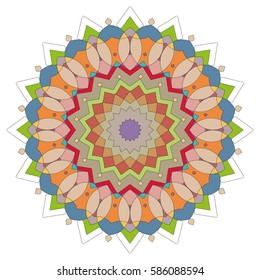 Vector Mandala, round geometric ornament, stylized floral pattern. Isolated design element colorful on a white background. Abstract colored circular art motif, line pattern