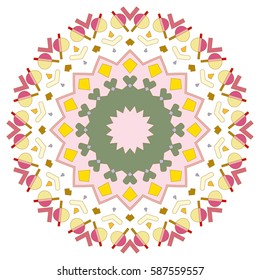 Vector Mandala, round geometric ornament, stylized floral pattern. Isolated design element colorful on a white background. Abstract colored circular art motif, line pattern