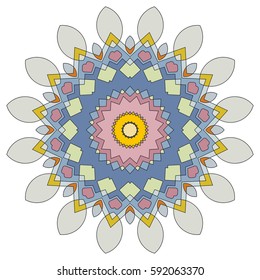 Vector Mandala, round geometric ornament, stylized floral pattern. Isolated design element colorful on a white background. Abstract colored circular art motif, line pattern