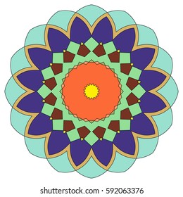 Vector Mandala, round geometric ornament, stylized floral pattern. Isolated design element colorful on a white background. Abstract colored circular art motif, line pattern