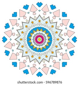 Vector Mandala, round geometric ornament, stylized floral pattern. Isolated design element colorful on a white background. Abstract colored circular art motif, line pattern