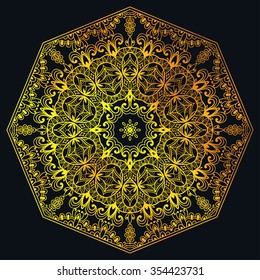 Vector Mandala round ornament, tribal ethnic Arabic Indian motif, eight pointed circular abstract floral geometric pattern. Hand drawn decorative element, isolated gold on black background.