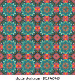 Vector mandala seamless pattern card in pink, blue and orange colors for backgrounds, invitations, birthday cards, wallpapers and etc.