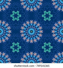 Vector mandala seamless pattern card in violet, white and blue colors for backgrounds, invitations, birthday cards, wallpapers and etc.