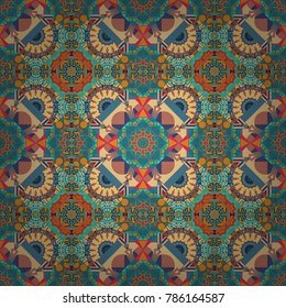 Vector mandala seamless pattern card in pink, blue and orange colors for backgrounds, invitations, birthday cards, wallpapers and etc.