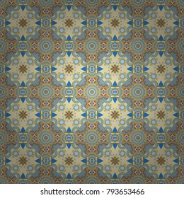 Vector mandala seamless pattern card in yellow, beige and blue colors for backgrounds, invitations, birthday cards, wallpapers and etc.