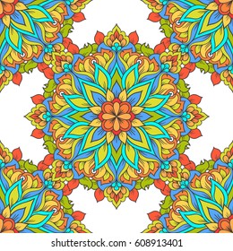 Vector mandala seamless pattern. Eastern ornamental background. Ethnic floral texture. Indian, arabic, slavic, russian motifs. 