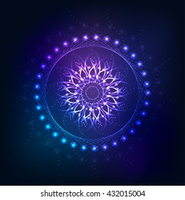 Vector mandala shiny bright violet and blue illustration can be used as a postcard, for holidays, business card, parties, etc.