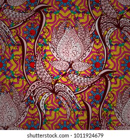 Vector Mandala. Tiled mandala design, best for print fabric or papper and more. Red, neutral and yellow colors. Boho style flower seamless pattern.