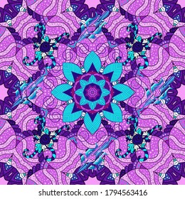 Vektor Mandala. Tiled mandala Design, am besten für Druckgewebe oder Papier und mehr. Rosa, blau und violett. Blume im Boho-Stil, nahtloses Muster.