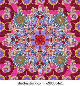 Vector Mandala. Tiled mandala design, best for print fabric or papper and more. Red background. Boho style flower seamless pattern.