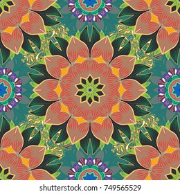 Vector Mandala. Tiled mandala design, best for print fabric or papper and more. Beige, blue and purple colors. Boho style flower seamless pattern.