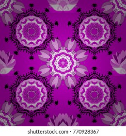 Vector Mandala. Tiled mandala design, best for print fabric or papper and more. Magenta, black and purple colors. Boho style flower seamless pattern.