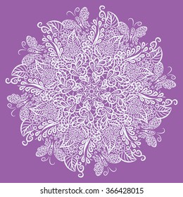 Vector mandala. Violet background. White ornament.