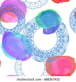 Vector mandala watercolor seamless pattern.