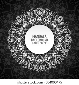 Vector mandala. White mandala on black background. Flower white mandala. Vintage decorative element. For print, poster, background, invite card, shirt.
