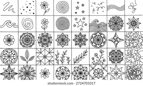 Vector, mandalas, floral, patterns, icons, hand, drawn, doodle, sketch, flowers, waves, stars, spirals, leaves, geometric, elements, black, white, simple