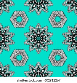 Vector mandalas seamless pattern. Flat hand drawn vintage collection. White pattern on blue background with white elements. Backdrop, fabric
