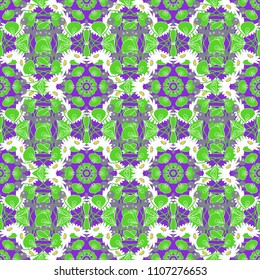 Vector mandalas in violet, white and green colors. Template for textile, carpet, wallpaper, fabric. Abstract filigree seamless pattern.