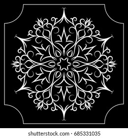 Vector mandala.White mandala on a black background. Decor for your design, lace ornament, round pattern with lots of details. Oriental style with floral. Circle lace ornament
