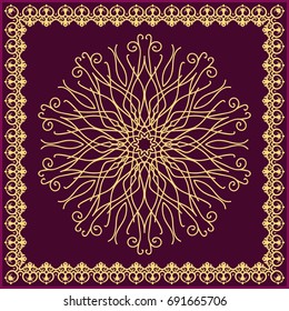 Vector mandala.Yellow mandala on a claret background. Decor for your design, lace ornament, round pattern with lots of details. Oriental style with floral. Circle lace ornament