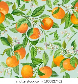 Vector Mandarin Floral Background, Seamless Fruit Pattern, Citrus Fruits, Flowers, Leaves, Branches Texture. Watercolor Style Lemons. Vintage Lemon Design for Print, Wedding, Backdrop, Wallpaper