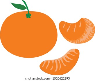 A vector mandarin, mandarine, tangerine isolated on white background. Tangerine, citrus with leaf, leaves. Slice of citrus. Sliced tangerine