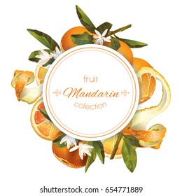 Vector mandarin round banner on white background. Design for sweets and pastries filled with citrus fruit, dessert menu, natural cosmetics, health care products. With place for text