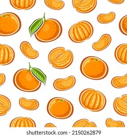 Vector Mandarin seamless pattern, repeat background with set of cut out illustrations ripe variety mandarins with green leaves, group of natural various mandarin on white background for wrapping paper