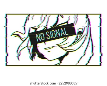 Vector manga girl portrait in frame with censured eyes and glitch effect. Drawing of smiling anime girl with no signal sign in black rectangle