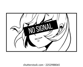 Vector manga girl portrait in frame with censured eyes. Drawing of smiling anime girl with no signal sign in black rectangle