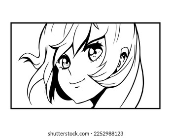 Vector manga girl portrait in frame. Drawing of smiling anime girl with blond long hair isolated on white