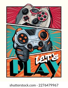 Vector manga style joysticks gamepad illustration with slogan texts, for t-shirt prints and other uses.