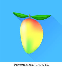 Vector Mango Fruit with Leaves Isolated on Blue Background