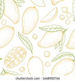 Vector mango  hand drawn sketch.  Vector seamless pattern.  Vintage style
