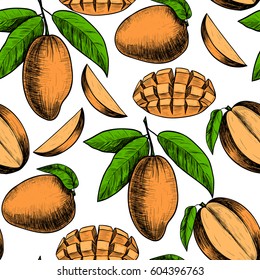 Vector mango  hand drawn sketch.  Vector seamless pattern.  Vintage style