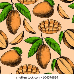Vector mango  hand drawn sketch.  Vector seamless pattern.  Vintage style