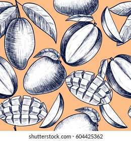 Vector mango  hand drawn sketch.  Vector seamless pattern.  Vintage style