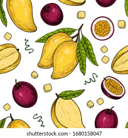 Vector mango and passion fruit  hand drawn sketch.  Vector seamless pattern.  Vintage style