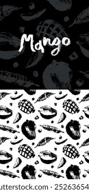 Vector mango pattern seamless with tropical fruits drawings. Charcoal sketches of organic mangoes Tropical fruit symbol. Black sketches of exotic fruit. Asian Mangos background. Label template.