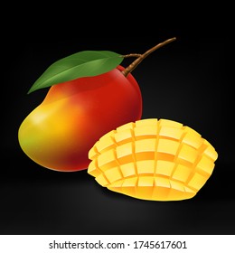 Vector Mango Realistic Illustration with leaf & Sliced Mango in Black Background