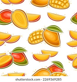 Vector Mango Seamless Pattern, repeating background with illustration of mango fruit still life composition with cutting flesh for wrapping paper, group of flat lay mango fruits on white background